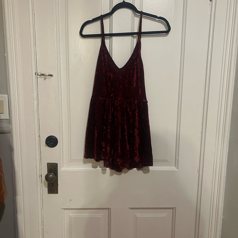 Velvet V-Neck Burgundy Romper with Spaghetti Straps